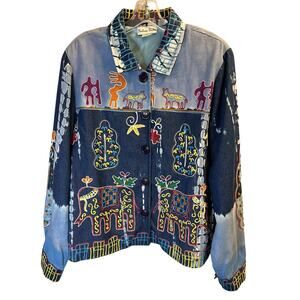 Madison Studio, Blue, Aztec Embroidery Button Top, Women's L
